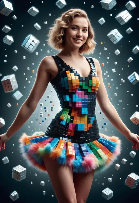 a female dancer encapsulated by <lora:ral-fluff-sdxl:0.8> ral-fluff , symbiotic influences of <lora:ral-3dcubes-sdxl:0.8> ral-3dcubes, wearing a short sequin dress[: made of Tetris tetrominoes:8], infused with the light and colorful essence of playfulness, sexy smile, attention to details, Photorealistic, Hyperrealistic, Hyperdetailed, analog style, detailed skin, matte skin, soft lighting, subsurface scattering, realistic, heavy shadow, masterpiece, best quality, ultra realistic, 8k, golden ratio, Intricate, High Detail, film photography, soft focus