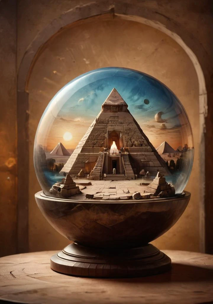 A glass sphere sculpture, concealed inside the sphere, ((pyramid sphinx silhouette)), on dusk, clear sky inside, surreal, (light emerges out of the sphere), detailed image, high quality detailed, shaped sphere, amazing wallpaper, digital painting highly detailed, UHD detailed oil painting, beautiful art UHD, focus on full glass shpere, bokeh, background Modifiers: extremely detailed Award winning photography, fantasy studio lighting, photorealistic very attractive beautiful imperial colours ultra detailed 3D, (Very Intricate), UHD, <lora:3D_Framed_Wall_Art_-_By_DICE:0.7>, (3D Framed, Mega Details),<lora:sinfully_stylish_SDKL:1> ,<lora:ral-3dcubes:1>,<lora:ParchartXL_CODA:0.6> ,(obelisk),hallway