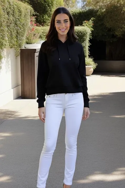 full body shot of jessicalowndeslora wearing a black sweatshirt and white jeans, looking at viewer, masterpiece, outdoor <lora:jessicalowndeslora:1>