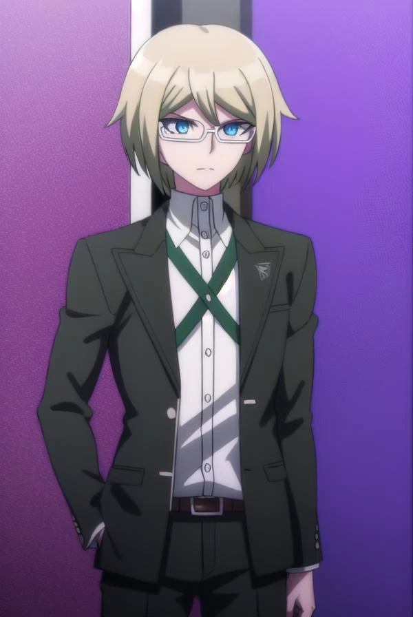 byakuyatogami, <lora:byakuya togami s1-lora-nochekaiser:1>,
byakuya togami, short hair, bangs, blue eyes, blonde hair, male focus, glasses, semi-rimless eyewear,
BREAK shirt, long sleeves, jacket, white shirt, open clothes, glasses, collared shirt, belt, pants, open jacket, black jacket, dress shirt, black pants, black belt, shirt tucked in, brown belt,
BREAK outdoors, classroom,
BREAK looking at viewer, (cowboy shot:1.5),
BREAK <lyco:GoodHands-beta2:1>, (masterpiece:1.2), best quality, high resolution, unity 8k wallpaper, (illustration:0.8), (beautiful detailed eyes:1.6), extremely detailed face, perfect lighting, extremely detailed CG, (perfect hands, perfect anatomy),