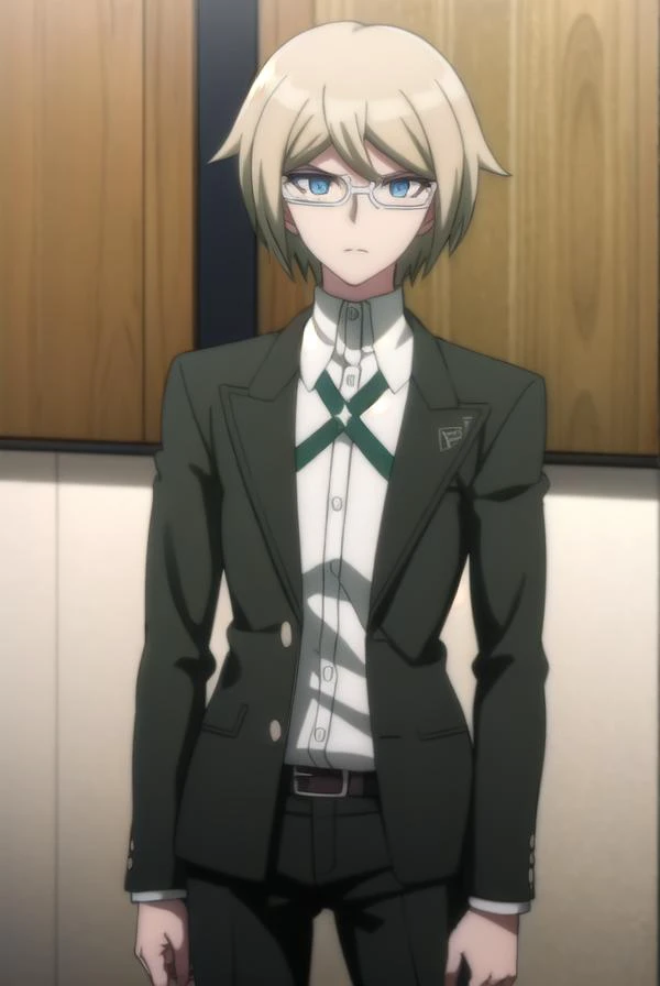 byakuyatogami, <lora:byakuya togami s1-lora-nochekaiser:1>,
byakuya togami, short hair, bangs, blue eyes, blonde hair, male focus, glasses, semi-rimless eyewear,
BREAK shirt, long sleeves, jacket, white shirt, open clothes, glasses, collared shirt, belt, pants, open jacket, black jacket, dress shirt, black pants, black belt, shirt tucked in, brown belt,
BREAK outdoors, classroom,
BREAK looking at viewer, (cowboy shot:1.5),
BREAK <lyco:GoodHands-beta2:1>, (masterpiece:1.2), best quality, high resolution, unity 8k wallpaper, (illustration:0.8), (beautiful detailed eyes:1.6), extremely detailed face, perfect lighting, extremely detailed CG, (perfect hands, perfect anatomy),
