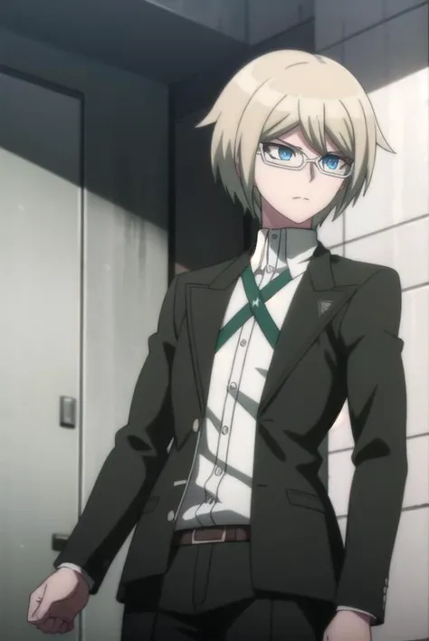 byakuyatogami, <lora:byakuya togami s1-lora-nochekaiser:1>,
byakuya togami, short hair, bangs, blue eyes, blonde hair, male focus, glasses, semi-rimless eyewear,
BREAK shirt, long sleeves, jacket, white shirt, open clothes, glasses, collared shirt, belt, pants, open jacket, black jacket, dress shirt, black pants, black belt, shirt tucked in, brown belt,
BREAK outdoors, classroom,
BREAK looking at viewer, (cowboy shot:1.5),
BREAK <lyco:GoodHands-beta2:1>, (masterpiece:1.2), best quality, high resolution, unity 8k wallpaper, (illustration:0.8), (beautiful detailed eyes:1.6), extremely detailed face, perfect lighting, extremely detailed CG, (perfect hands, perfect anatomy),