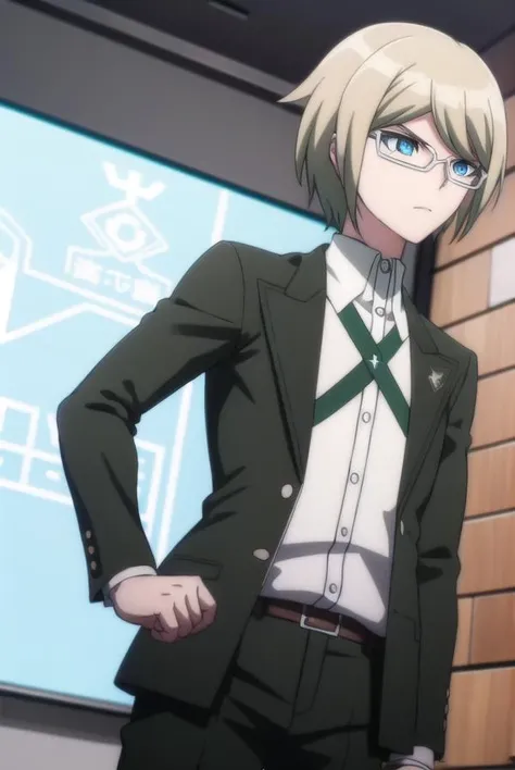 byakuyatogami, <lora:byakuya togami s1-lora-nochekaiser:1>,
byakuya togami, short hair, bangs, blue eyes, blonde hair, male focus, glasses, semi-rimless eyewear,
BREAK shirt, long sleeves, jacket, white shirt, open clothes, glasses, collared shirt, belt, pants, open jacket, black jacket, dress shirt, black pants, black belt, shirt tucked in, brown belt,
BREAK outdoors, classroom,
BREAK looking at viewer, (cowboy shot:1.5),
BREAK <lyco:GoodHands-beta2:1>, (masterpiece:1.2), best quality, high resolution, unity 8k wallpaper, (illustration:0.8), (beautiful detailed eyes:1.6), extremely detailed face, perfect lighting, extremely detailed CG, (perfect hands, perfect anatomy),