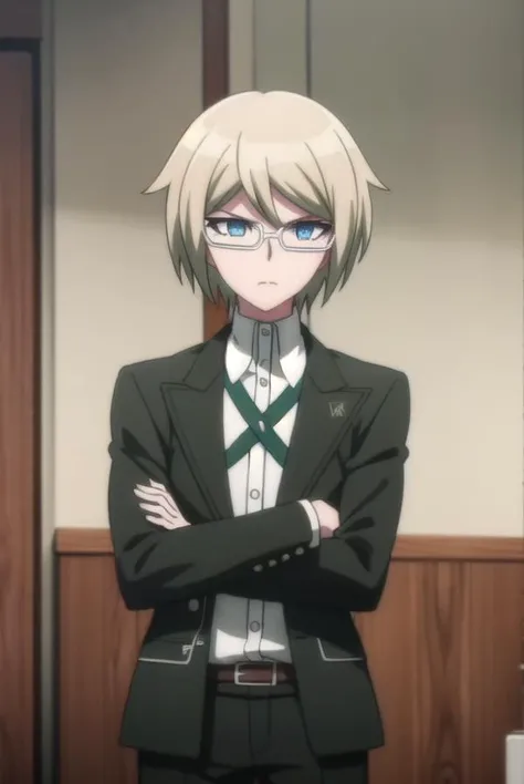 byakuyatogami, <lora:byakuya togami s1-lora-nochekaiser:1>,
byakuya togami, short hair, bangs, blue eyes, blonde hair, male focus, glasses, semi-rimless eyewear,
BREAK shirt, long sleeves, jacket, white shirt, open clothes, glasses, collared shirt, belt, pants, open jacket, black jacket, dress shirt, black pants, black belt, shirt tucked in, brown belt,
BREAK outdoors, classroom,
BREAK looking at viewer, (cowboy shot:1.5),
BREAK <lyco:GoodHands-beta2:1>, (masterpiece:1.2), best quality, high resolution, unity 8k wallpaper, (illustration:0.8), (beautiful detailed eyes:1.6), extremely detailed face, perfect lighting, extremely detailed CG, (perfect hands, perfect anatomy),
