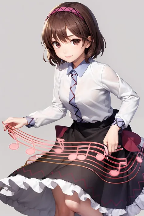 masterpiece, best quality, <lora:TsukumoYatsuhashi:1>,tsukumo yatsuhashi, 1girl,brown hair, short hair,brown eyes,hairband,long sleeves, shirt,skirt,instrument, musical note, eighth note, grey background, smile