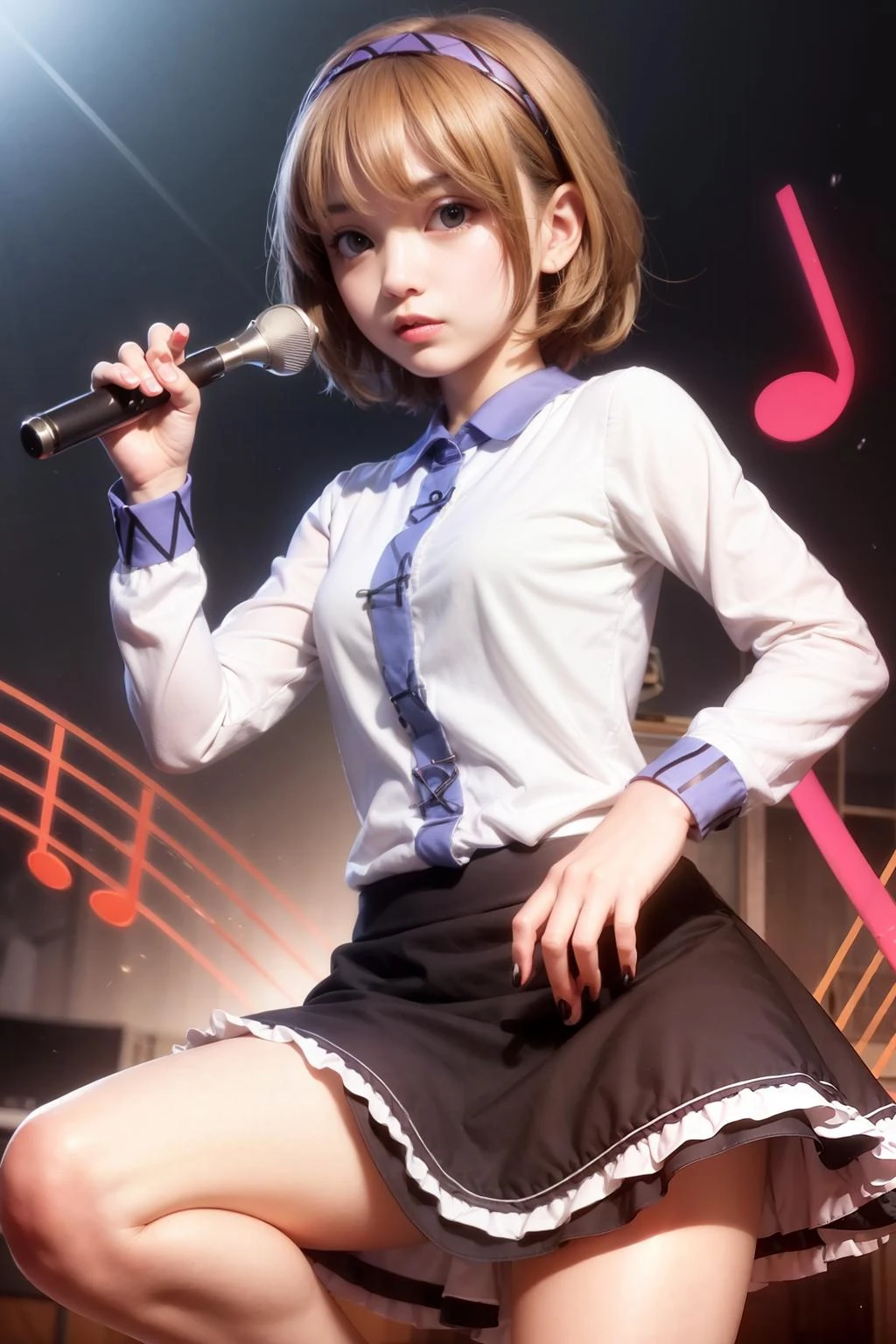 masterpiece, best quality, <lora:TsukumoYatsuhashi:1>,tsukumo yatsuhashi, 1girl,brown hair, short hair,brown eyes,hairband,long sleeves, shirt,skirt,instrument, musical note, eighth note,