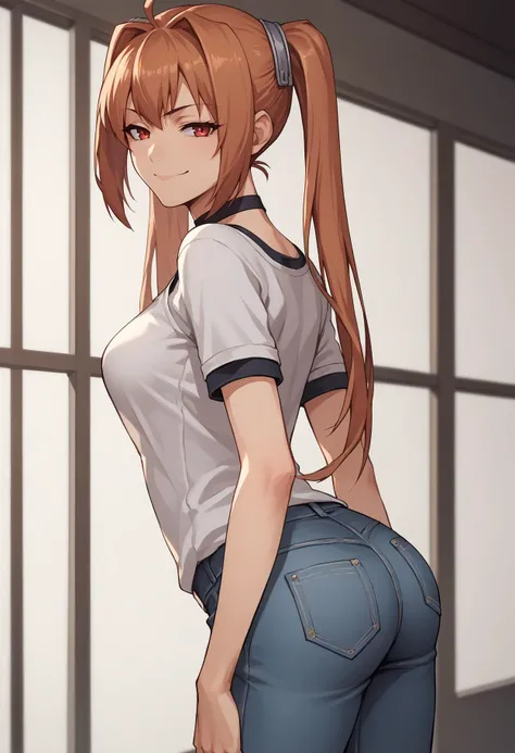 score_9, score_8_up, score_7_up, source_anime BREAK 1girl, solo, <lora:estelle-pdxl-nvwls-v1:1> senEstelle, twintails, choker, jeans, white shirt, short sleeves, smirk, half-closed eyes, indoors, looking at viewer, from side, looking back, leaning back, arm at side, ass, breasts,