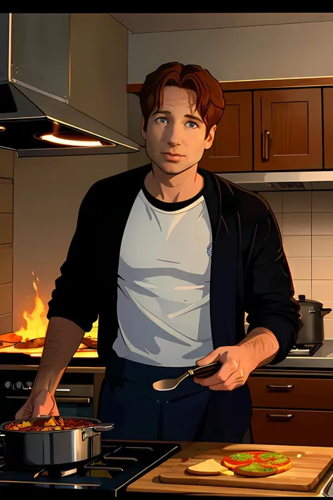 cartoon, cinematic, foxmulder cooking in the kitchen, brown hair, burned food, smoke, chaos, 
 <lora:FoxMulderSD:1> foxmulder