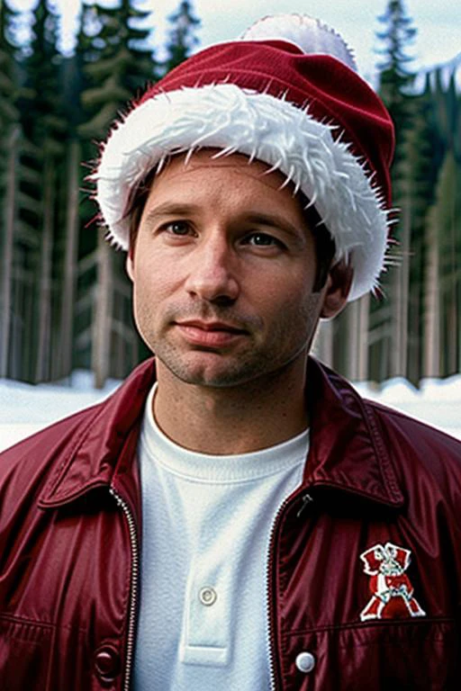 <lora:FoxMulderSD:0.8> foxmulder in a christmas outfit,red hat with white ball on top, red jacket with white fur