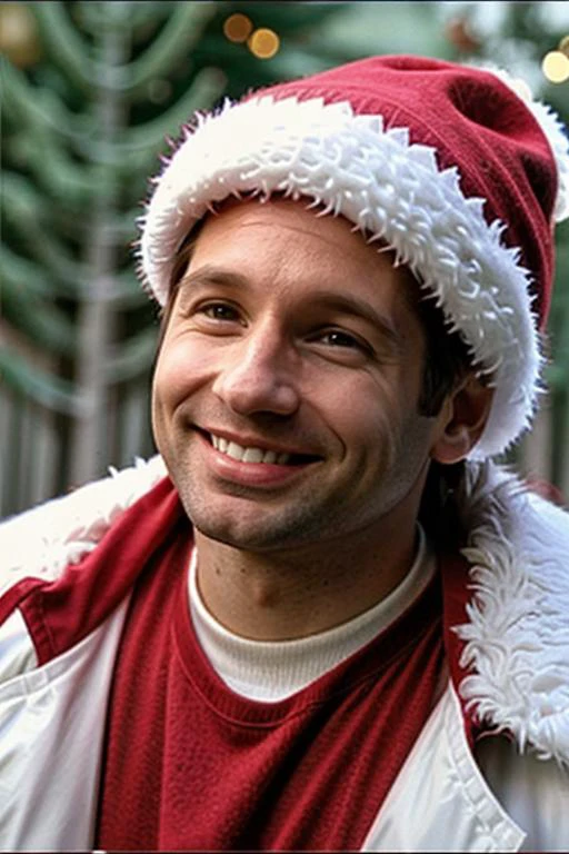 <lora:FoxMulderSD:0.8> foxmulder in a christmas outfit,red hat with white ball on top, red jacket with white fur , smiling
