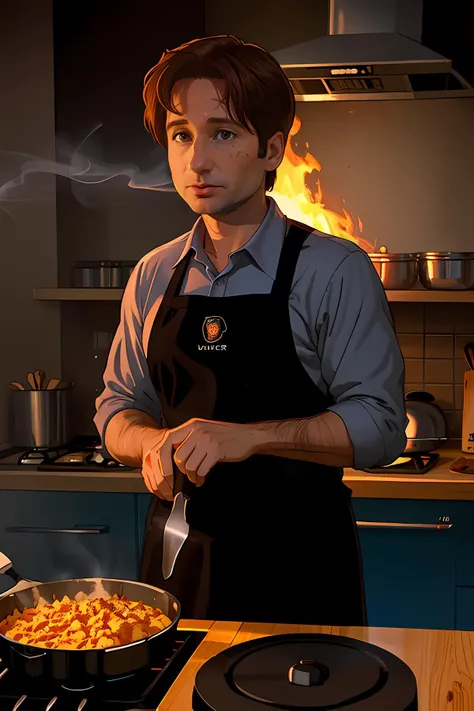 cartoon, cinematic, foxmulder cooking in the kitchen, brown hair, burned food, smoke, chaos, 
 <lora:FoxMulderSD:1> foxmulder