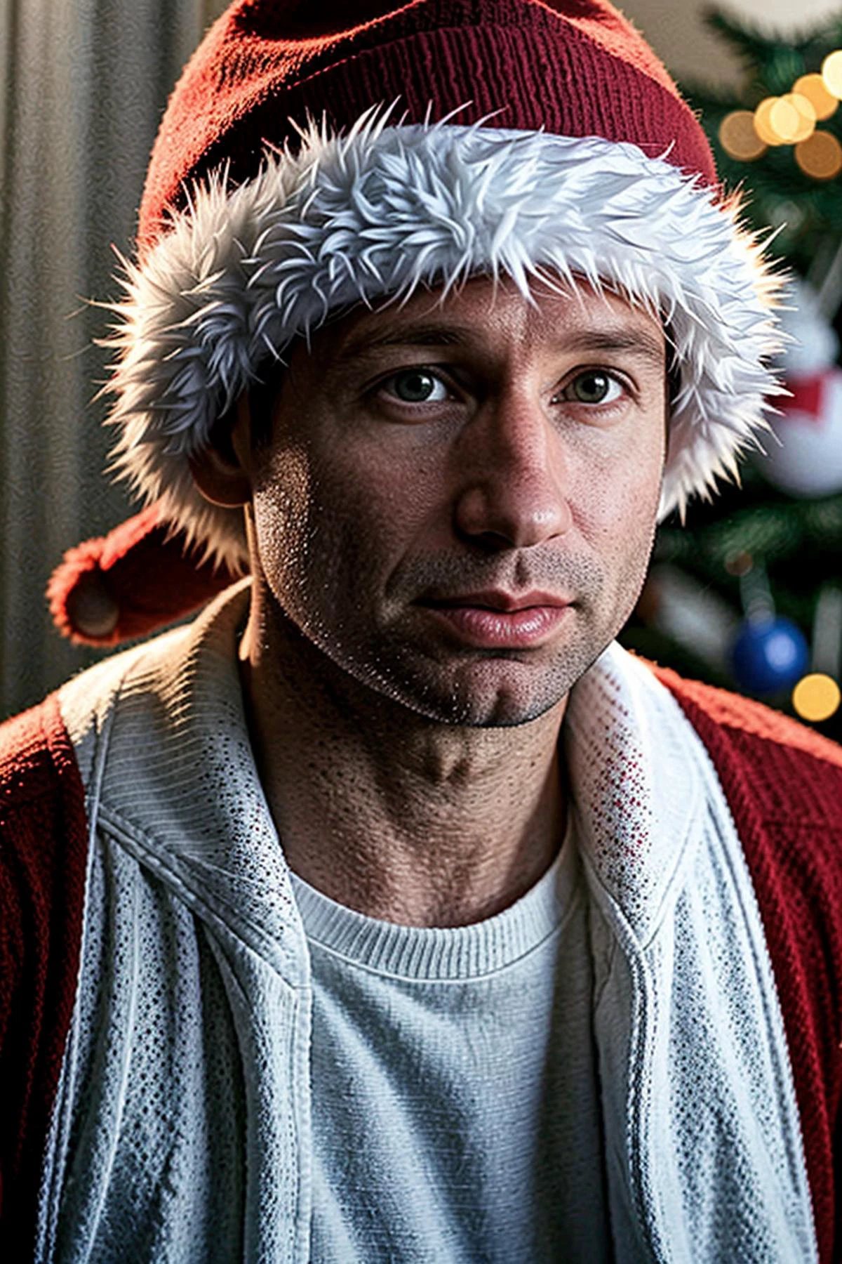 <lora:FoxMulderSD:0.8> foxmulder in a christmas outfit,red hat with white ball on top, red dress with white fur