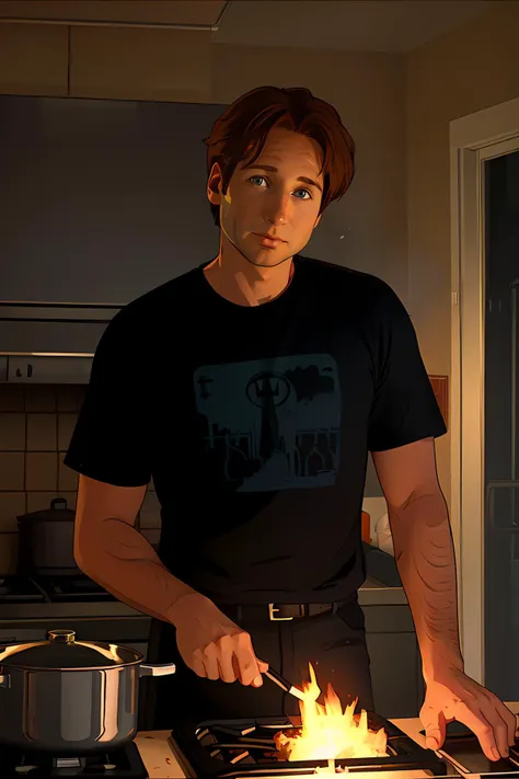 cartoon, cinematic, foxmulder cooking in the kitchen, brown hair, burned food, smoke, chaos, 
 <lora:FoxMulderSD:1> foxmulder