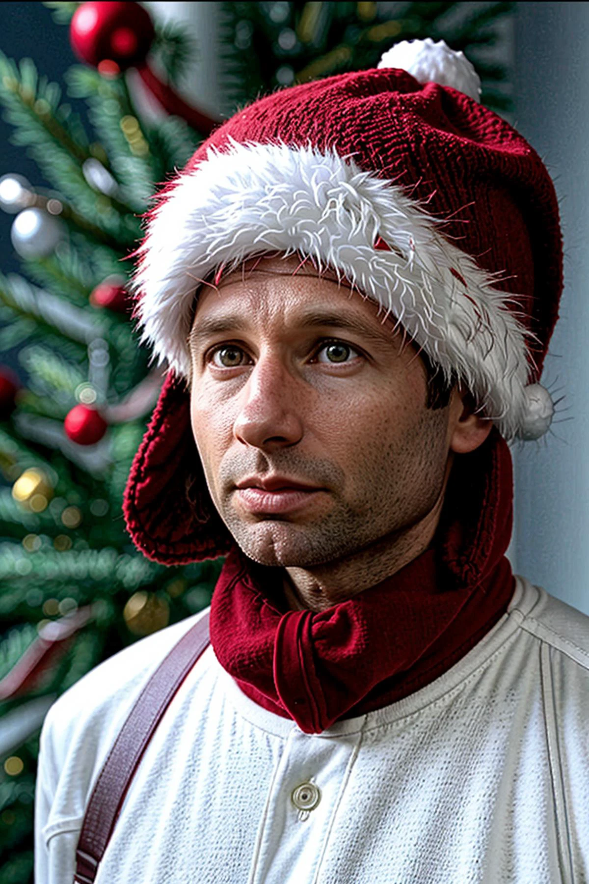 <lora:FoxMulderSD:0.8> foxmulder in a christmas outfit,red hat with white ball on top, red dress with white fur