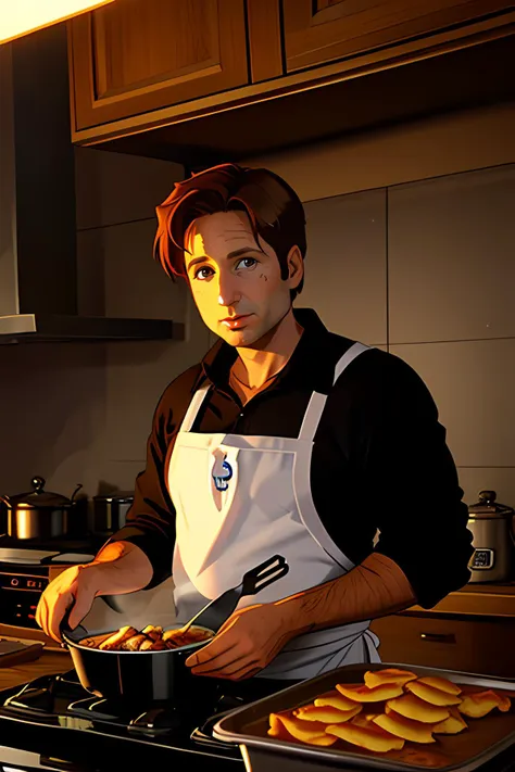 cartoon, cinematic, foxmulder cooking in the kitchen, brown hair, burned food, smoke, chaos, 
 <lora:FoxMulderSD:1> foxmulder