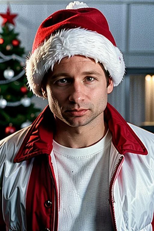 <lora:FoxMulderSD:0.8> foxmulder in a christmas outfit,red hat with white ball on top, red jacket with white fur