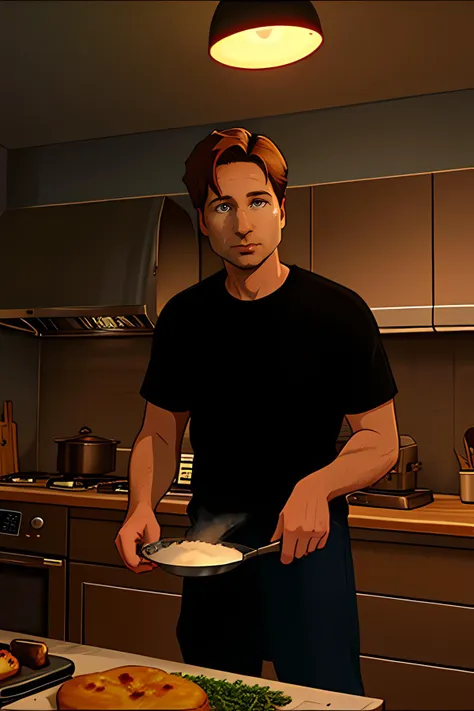 cartoon, cinematic, foxmulder cooking in the kitchen, brown hair, burned food, smoke, chaos, 
 <lora:FoxMulderSD:1> foxmulder