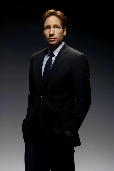 foxmulder, man, black business suit, white background, <lora:FoxMulderSD:1>
