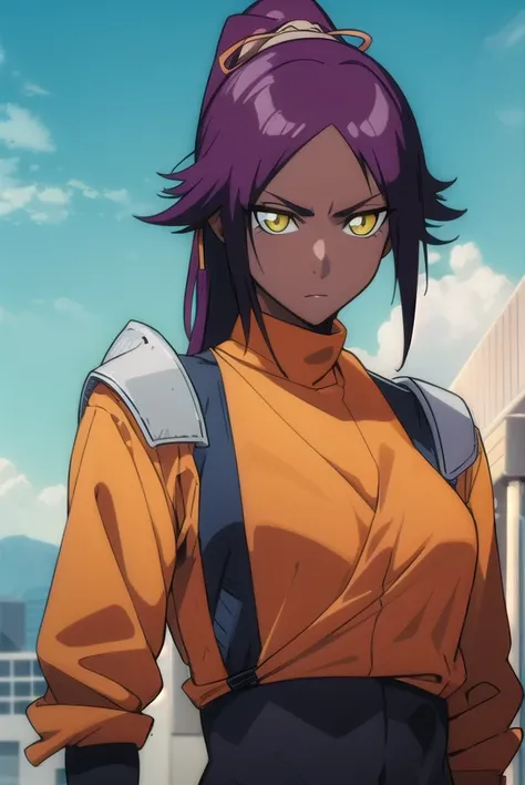 yoruichishihouin, <lyco:yoruichishihouinv2-lyco-nochekaiser:1>,
yoruichi shihouin, long hair, (yellow eyes:1.5), ponytail, purple hair, dark skin, dark-skinned female,
BREAK bodysuit, black bodysuit, bodysuit under clothes, (orange shirt:1.5), long sleeves,
BREAK outdoors,
BREAK looking at viewer, (cowboy shot:1.5),
BREAK <lyco:GoodHands-beta2:1>, (masterpiece:1.2), best quality, high resolution, unity 8k wallpaper, (illustration:0.8), (beautiful detailed eyes:1.6), extremely detailed face, perfect lighting, extremely detailed CG, (perfect hands, perfect anatomy),