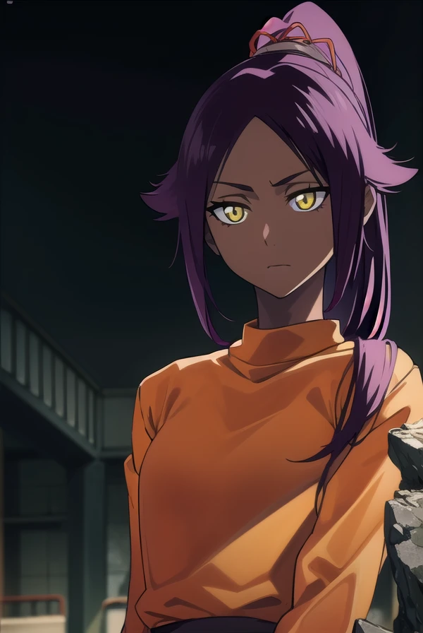 yoruichishihouin, <lyco:yoruichishihouinv2-lyco-nochekaiser:1>,
yoruichi shihouin, long hair, (yellow eyes:1.5), ponytail, purple hair, dark skin, dark-skinned female,
BREAK bodysuit, black bodysuit, bodysuit under clothes, (orange shirt:1.5), long sleeves,
BREAK outdoors,
BREAK looking at viewer, (cowboy shot:1.5),
BREAK <lyco:GoodHands-beta2:1>, (masterpiece:1.2), best quality, high resolution, unity 8k wallpaper, (illustration:0.8), (beautiful detailed eyes:1.6), extremely detailed face, perfect lighting, extremely detailed CG, (perfect hands, perfect anatomy),