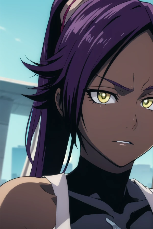 yoruichishihouin, <lyco:yoruichishihouinv2-lyco-nochekaiser:1>,
yoruichi shihouin, long hair, (yellow eyes:1.5), ponytail, purple hair, dark skin, dark-skinned female,
BREAK bodysuit, black bodysuit, bare arms, bare shoulders,
BREAK outdoors,
BREAK looking at viewer, (cowboy shot:1.5),
BREAK <lyco:GoodHands-beta2:1>, (masterpiece:1.2), best quality, high resolution, unity 8k wallpaper, (illustration:0.8), (beautiful detailed eyes:1.6), extremely detailed face, perfect lighting, extremely detailed CG, (perfect hands, perfect anatomy),