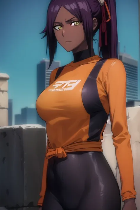 yoruichishihouin, <lyco:yoruichishihouin-lyco-nochekaiser:1>,
yoruichi shihouin, long hair, (yellow eyes:1.5), ponytail, purple hair, dark skin, (dark-skinned female:1.5),
BREAK bodysuit, black bodysuit, bodysuit under clothes, (orange shirt:1.5), long sleeves,
BREAK outdoors,
BREAK looking at viewer, (cowboy shot:1.5),
BREAK <lyco:GoodHands-beta2:1>, (masterpiece:1.2), best quality, high resolution, unity 8k wallpaper, (illustration:0.8), (beautiful detailed eyes:1.6), extremely detailed face, perfect lighting, extremely detailed CG, (perfect hands, perfect anatomy),