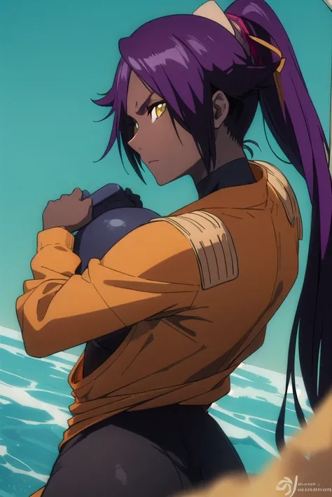 yoruichishihouin, <lyco:yoruichishihouinv2-lyco-nochekaiser:1>,
yoruichi shihouin, long hair, (yellow eyes:1.5), ponytail, purple hair, dark skin, dark-skinned female,
BREAK bodysuit, black bodysuit, bodysuit under clothes, (orange shirt:1.5), long sleeves,
BREAK outdoors,
BREAK looking at viewer, (cowboy shot:1.5),
BREAK <lyco:GoodHands-beta2:1>, (masterpiece:1.2), best quality, high resolution, unity 8k wallpaper, (illustration:0.8), (beautiful detailed eyes:1.6), extremely detailed face, perfect lighting, extremely detailed CG, (perfect hands, perfect anatomy),