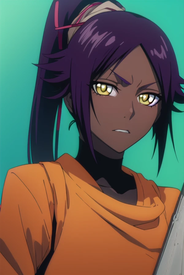 yoruichishihouin, <lyco:yoruichishihouinv2-lyco-nochekaiser:1>,
yoruichi shihouin, long hair, (yellow eyes:1.5), ponytail, purple hair, dark skin, dark-skinned female,
BREAK bodysuit, black bodysuit, bodysuit under clothes, (orange shirt:1.5), long sleeves,
BREAK outdoors,
BREAK looking at viewer, (cowboy shot:1.5),
BREAK <lyco:GoodHands-beta2:1>, (masterpiece:1.2), best quality, high resolution, unity 8k wallpaper, (illustration:0.8), (beautiful detailed eyes:1.6), extremely detailed face, perfect lighting, extremely detailed CG, (perfect hands, perfect anatomy),