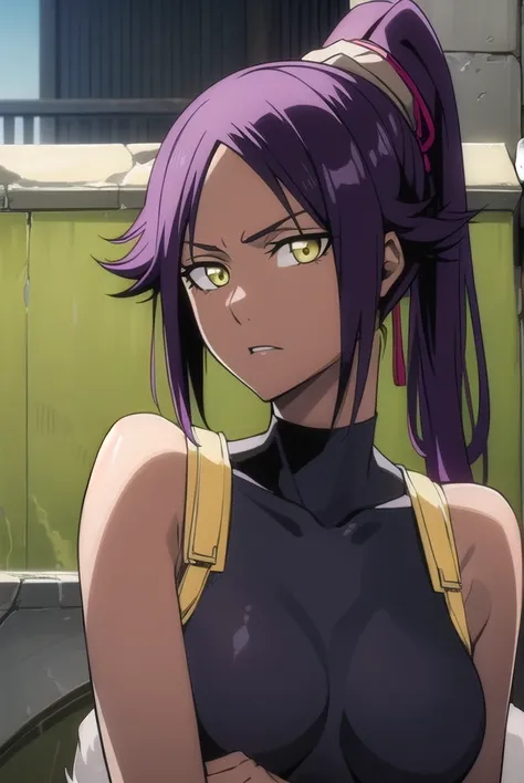 yoruichishihouin, <lyco:yoruichishihouinv2-lyco-nochekaiser:1>,
yoruichi shihouin, long hair, (yellow eyes:1.5), ponytail, purple hair, dark skin, dark-skinned female,
BREAK bodysuit, black bodysuit, bare arms, bare shoulders,
BREAK outdoors,
BREAK looking at viewer, (cowboy shot:1.5),
BREAK <lyco:GoodHands-beta2:1>, (masterpiece:1.2), best quality, high resolution, unity 8k wallpaper, (illustration:0.8), (beautiful detailed eyes:1.6), extremely detailed face, perfect lighting, extremely detailed CG, (perfect hands, perfect anatomy),
