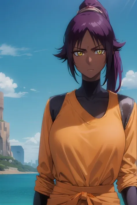 yoruichishihouin, <lyco:yoruichishihouin-lyco-nochekaiser:1>,
yoruichi shihouin, long hair, (yellow eyes:1.5), ponytail, purple hair, dark skin, (dark-skinned female:1.5),
BREAK bodysuit, black bodysuit, bodysuit under clothes, (orange shirt:1.5), long sleeves,
BREAK outdoors,
BREAK looking at viewer, (cowboy shot:1.5),
BREAK <lyco:GoodHands-beta2:1>, (masterpiece:1.2), best quality, high resolution, unity 8k wallpaper, (illustration:0.8), (beautiful detailed eyes:1.6), extremely detailed face, perfect lighting, extremely detailed CG, (perfect hands, perfect anatomy),