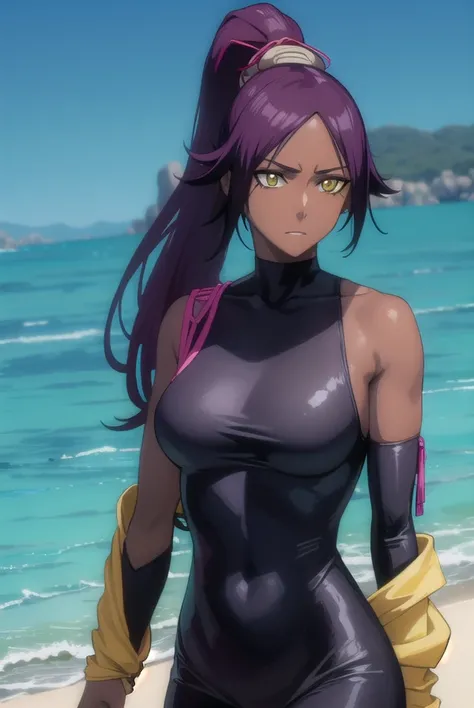 yoruichishihouin, <lyco:yoruichishihouin-lyco-nochekaiser:1>,
yoruichi shihouin, long hair, (yellow eyes:1.5), ponytail, purple hair, dark skin, (dark-skinned female:1.5),
BREAK bodysuit, black bodysuit, bare arms, bare shoulders, sideboob,
BREAK outdoors,
BREAK looking at viewer, (cowboy shot:1.5),
BREAK <lyco:GoodHands-beta2:1>, (masterpiece:1.2), best quality, high resolution, unity 8k wallpaper, (illustration:0.8), (beautiful detailed eyes:1.6), extremely detailed face, perfect lighting, extremely detailed CG, (perfect hands, perfect anatomy),