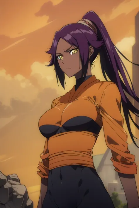 erotic girl, depth of field, cinematic lighting, realism, full body, dark skin, brunette skin tone, yellow eyes, 1girl, Yoruichi_Bleach, yellow eyes, ((Yoruichi Shihouin)), in her room, wearing orenge pajamas, cleavage, deep cleavage, perfect eyes, masterpiece, best quality, 4K, HDR, cinematic lighting, Yoruichi_Bleach, photorealistic,