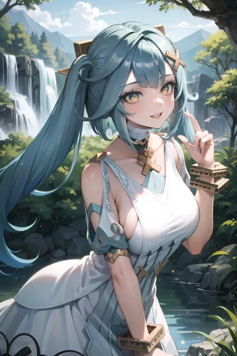 (masterpiece, best quality, glowing light, glistening, shiny skin, ultra detailed, detailed background, complex background),(perfect face, detailed face, detailed eyes,perfect hands,perfect fingers), (large boobs:1.2,smile),(mature female:1.4),cowboy shot,thicc,
faruzan,long hair,((gradient hair)),multicolored eyes, gradient eyes, (glowing eyes:1.5), mascara, (fashion make up), parted lips, hair ornament, twintails, x hair ornament, white dress, dress, bare shoulders, jewelry, bracelet, short sleeves, clothing cutout, shoulder cutout
((middle of the forest, trees, mountains, lake, waterfall)),((super detailed background)), dynamic poses, ((8k wallpaper)), <lora:faruzan-08:1>
