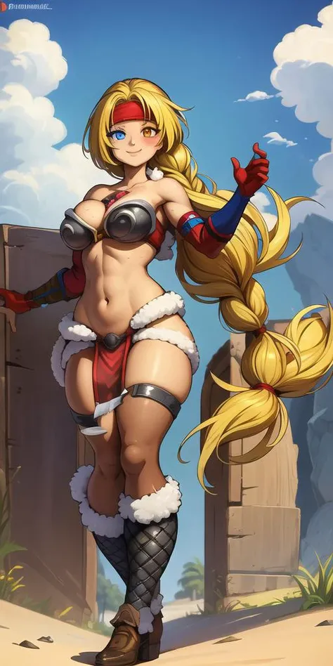 masterpiece, 8k resolution, fullbody, high detail, 1girl, beautiful cute woman, medium breasts, thick thighs, confident smile, braid, heterochromia, yellow_eye, blue_eye, navel, breastplate, red_elbow_gloves, loincloth, <lora:ashyara anyv3 base:.8>