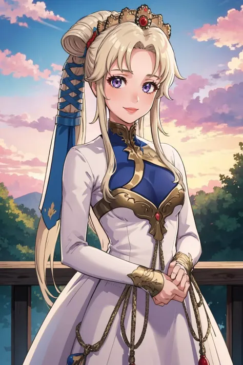 masterpiece, best quality, solo, 1girl, smile, looking at viewer, <lora:nyna-nvwls-v1:0.9>, nyna, hair ribbon, crown, white dress, long dress, long sleeves, <lora:FE-ENGAGE S Rank_Fp:1>, sky, cloud,