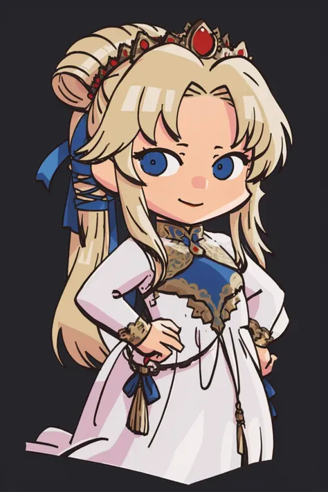 masterpiece, best quality, solo, 1girl, smile, looking at viewer, <lora:nyna-nvwls-v1:0.9>, nyna, hair ribbon, crown, white dress, long dress, long sleeves, <lora:FEH-MTH_Fp:0.8> simple background, chibi