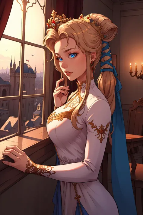 (masterpiece, best quality, absurdres, 4k, aesthetic, detailed, intricate, perfect lighting),castle,window,curtains,cinematic angle,1girl,nyna,hair ribbon, crown, white dress, long dress, long sleeves <lora:nyna-nvwls-v1:0.8>