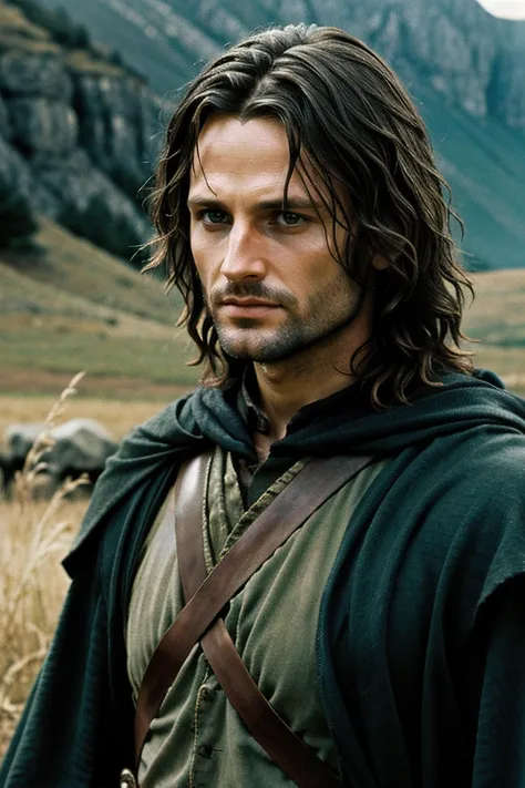 photo of the warrior Aragorn from Lord of the Rings, film grain
