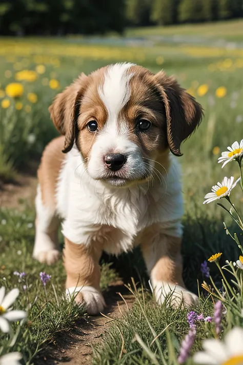 a photo of a cute little puppy surrounded by beautiful flowers in a meadow, extremely detailed fur,(close up:1.1)