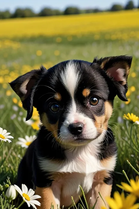a photo of a cute little puppy surrounded by beautiful flowers in a meadow, extremely detailed fur,(close up:1.1)