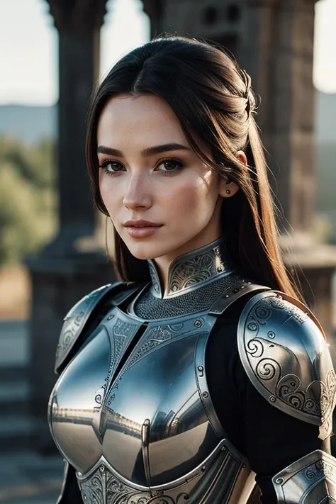(masterpiece), (extremely intricate:1.3),, (realistic), portrait of a girl, the most beautiful in the world, (medieval armor), metal reflections, upper body, outdoors, intense sunlight, far away castle, professional photograph of a stunning woman detailed, sharp focus, dramatic, award winning, cinematic lighting, octane render, unreal engine, volumetrics dtx, (film grain, bokeh, blurry foreground, blurry background), crest on chest