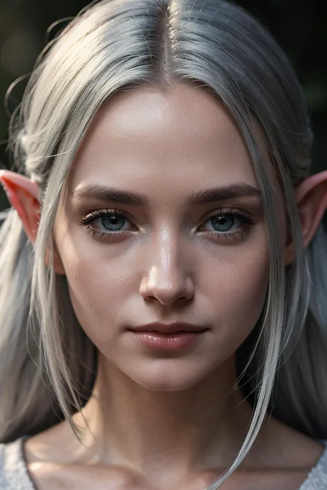 (detailed face, detailed eyes, clear skin, clear eyes), lotr, fantasy, elf, female, silver hair, looking at viewer, portrait, photography, detailed skin, realistic, photo-realistic, 8k, highly detailed, full length frame, High detail RAW color art, piercing, diffused soft lighting, shallow depth of field, sharp focus, hyperrealism, cinematic lighting