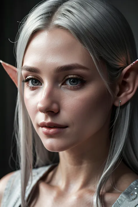 (detailed face, detailed eyes, clear skin, clear eyes), lotr, fantasy, elf, female, silver hair, looking at viewer, portrait, photography, detailed skin, realistic, photo-realistic, 8k, highly detailed, full length frame, High detail RAW color art, piercing, diffused soft lighting, shallow depth of field, sharp focus, hyperrealism, cinematic lighting
