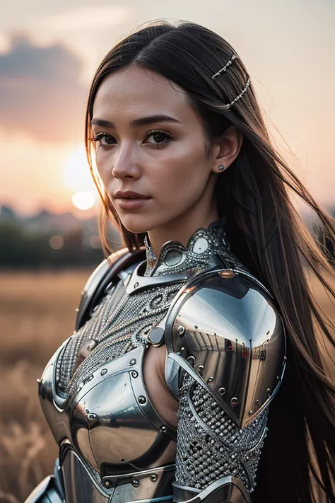 (masterpiece), (extremely intricate:1.3), (realistic), portrait of a girl, the most beautiful in the world, (medieval armor), metal reflections, upper body, outdoors, intense sunlight, far away castle, professional photograph of a stunning woman detailed, sharp focus, dramatic, award winning, cinematic lighting, octane render unreal engine, volumetrics dtx, (film grain, blurry background, blurry foreground, bokeh, depth of field, sunset, motion blur:1.3), chainmail