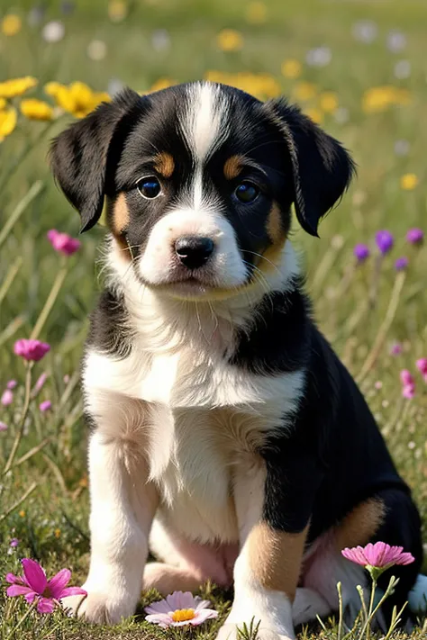 a photo of a cute little puppy surrounded by beautiful flowers in a meadow, extremely detailed fur,(close up:1.1)