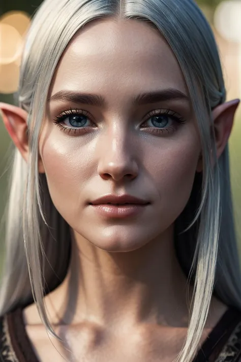 (detailed face, detailed eyes, clear skin, clear eyes), lotr, fantasy, elf, female, silver hair, looking at viewer, portrait, photography, detailed skin, realistic, photo-realistic, 8k, highly detailed, full length frame, High detail RAW color art, piercing, diffused soft lighting, shallow depth of field, sharp focus, hyperrealism, cinematic lighting