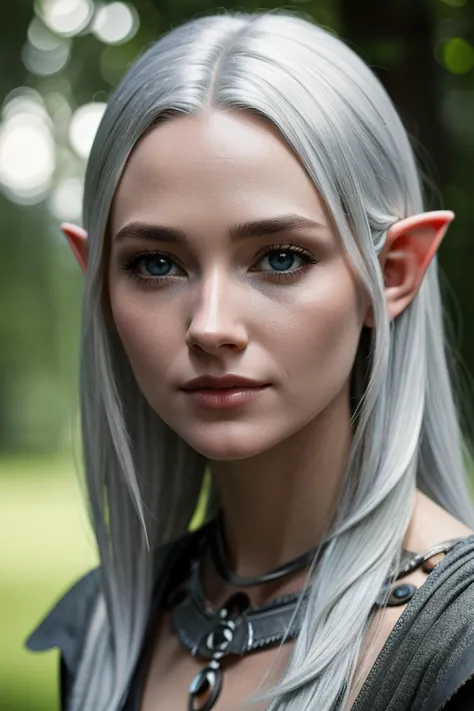 (detailed face, detailed eyes, clear skin, clear eyes), lotr, fantasy, elf, female, silver hair, looking at viewer, portrait, photography, detailed skin, realistic, photo-realistic, 8k, highly detailed, full length frame, High detail RAW color art, piercing, diffused soft lighting, shallow depth of field, sharp focus, hyperrealism, cinematic lighting