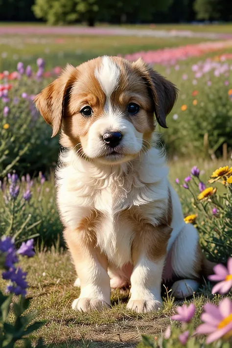 a photo of a cute little puppy surrounded by beautiful flowers in a meadow, extremely detailed fur,(close up:1.1)