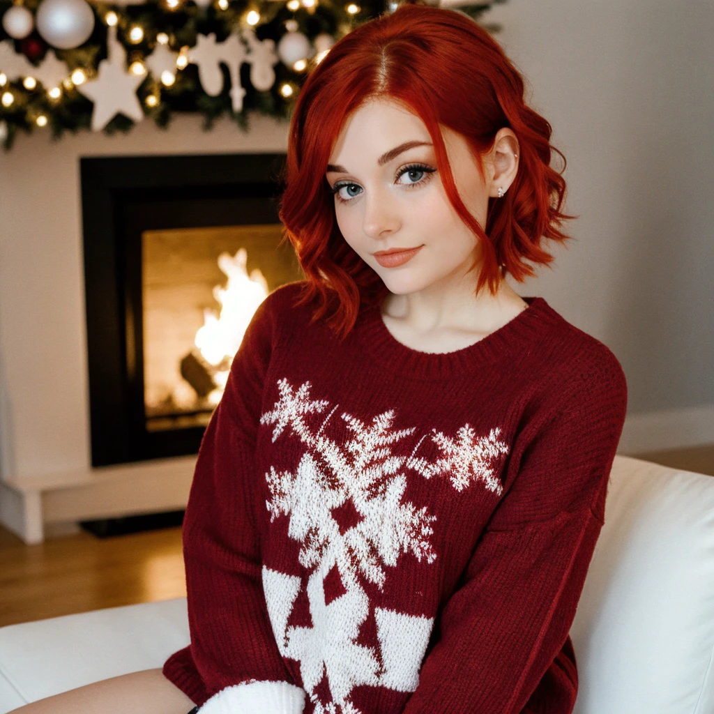 <lora:ricare_sd15_512_128_64_v1:1> ricare, 1girl short red hair, wearing a christmas sweater, christmas decoration in background, lit fireplace in background