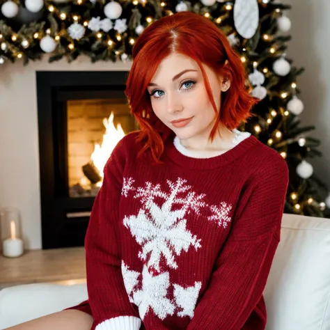 <lora:ricare_sd15_512_128_64_v1:1> ricare, 1girl short red hair, wearing a christmas sweater, christmas decoration in background, lit fireplace in background